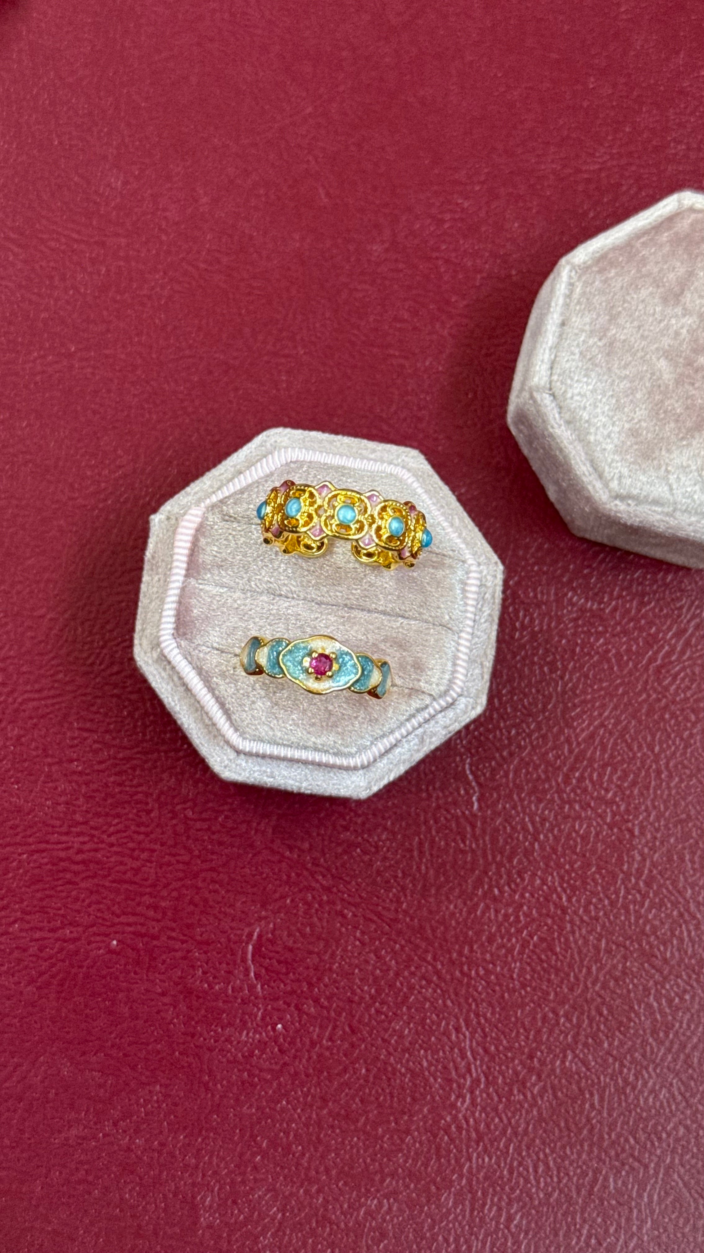 Blue pink enamel rings