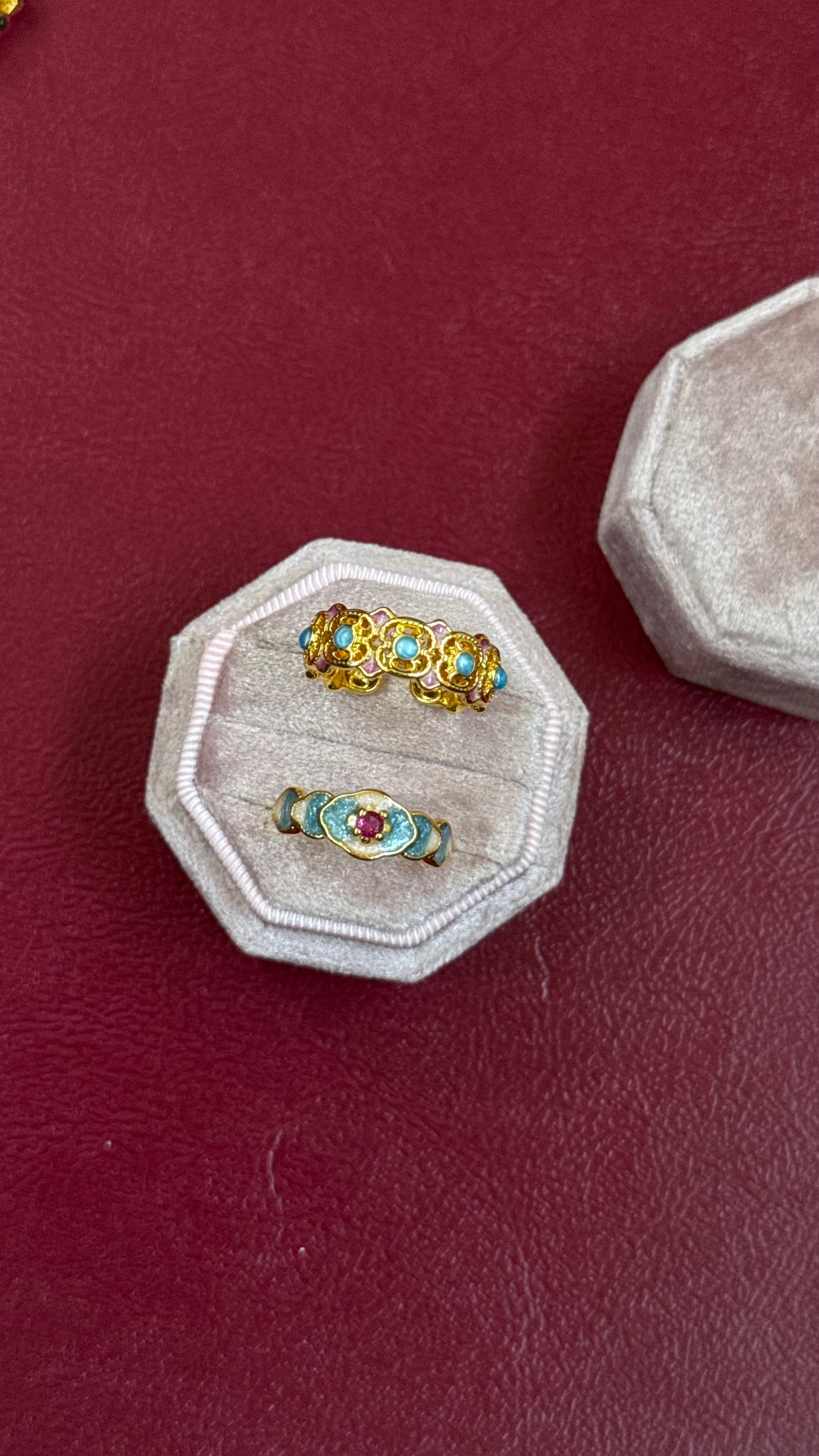 Blue pink enamel rings