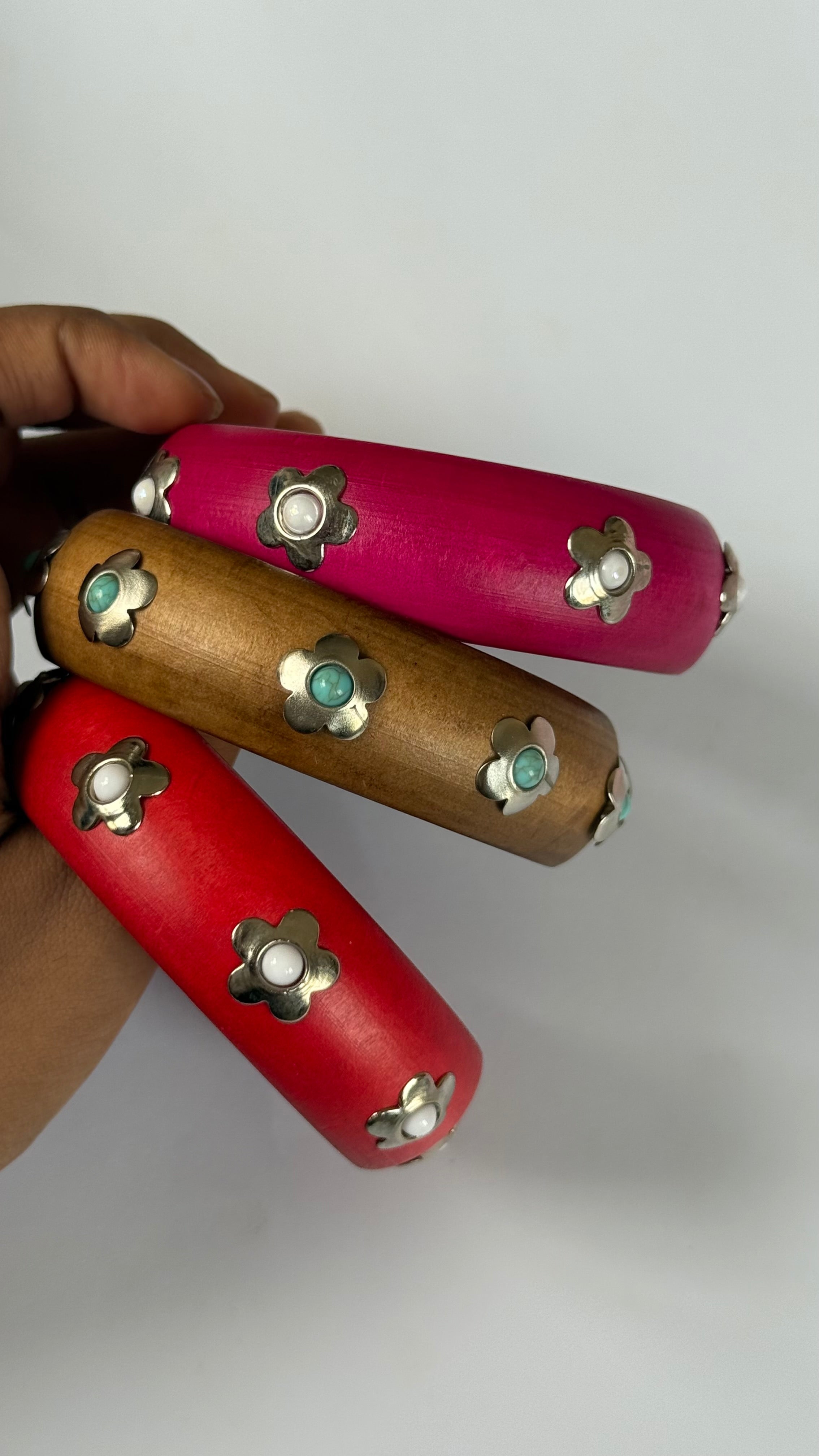 Wooden Bangle with flower studs