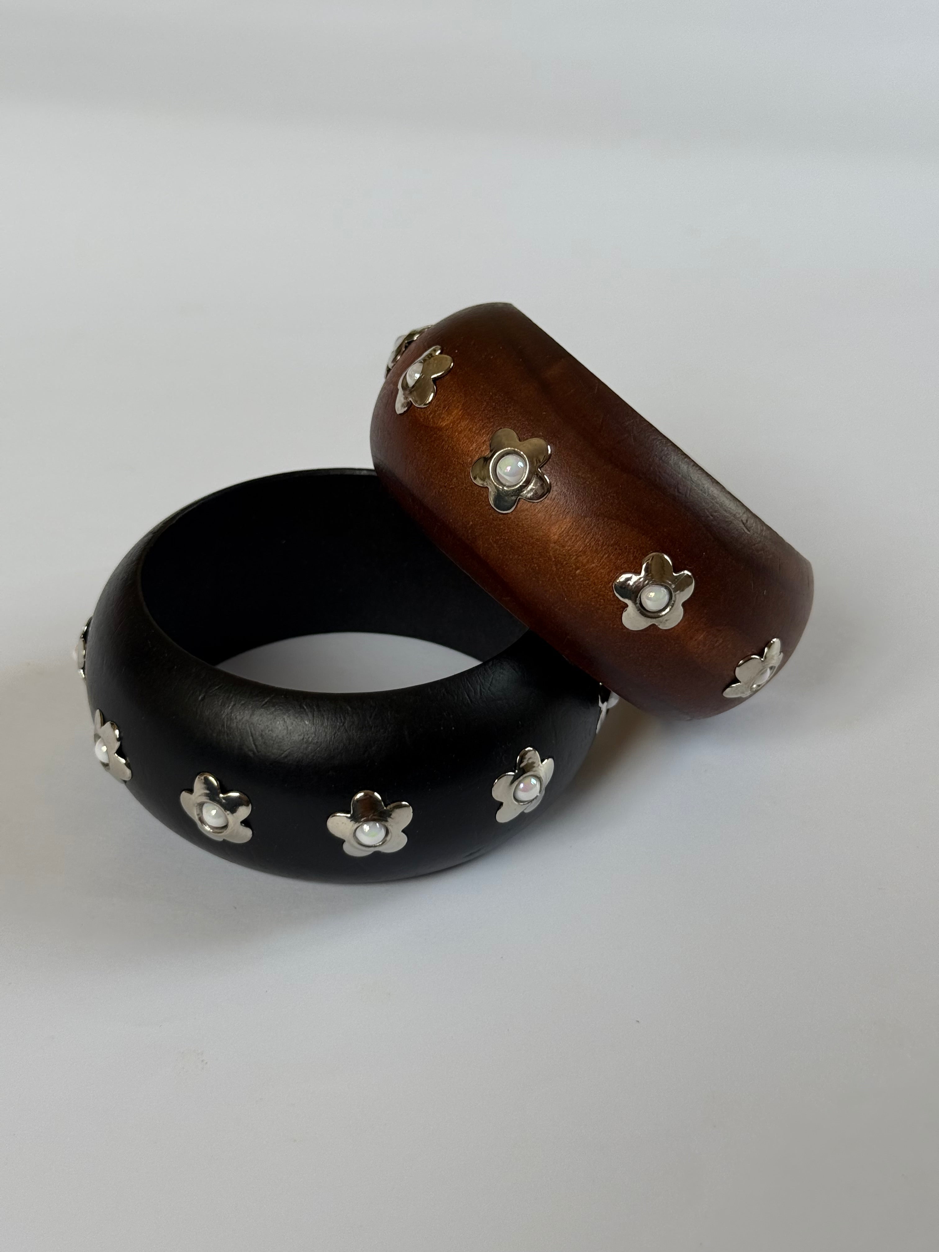 Chunky wooden Bangle with flower studs