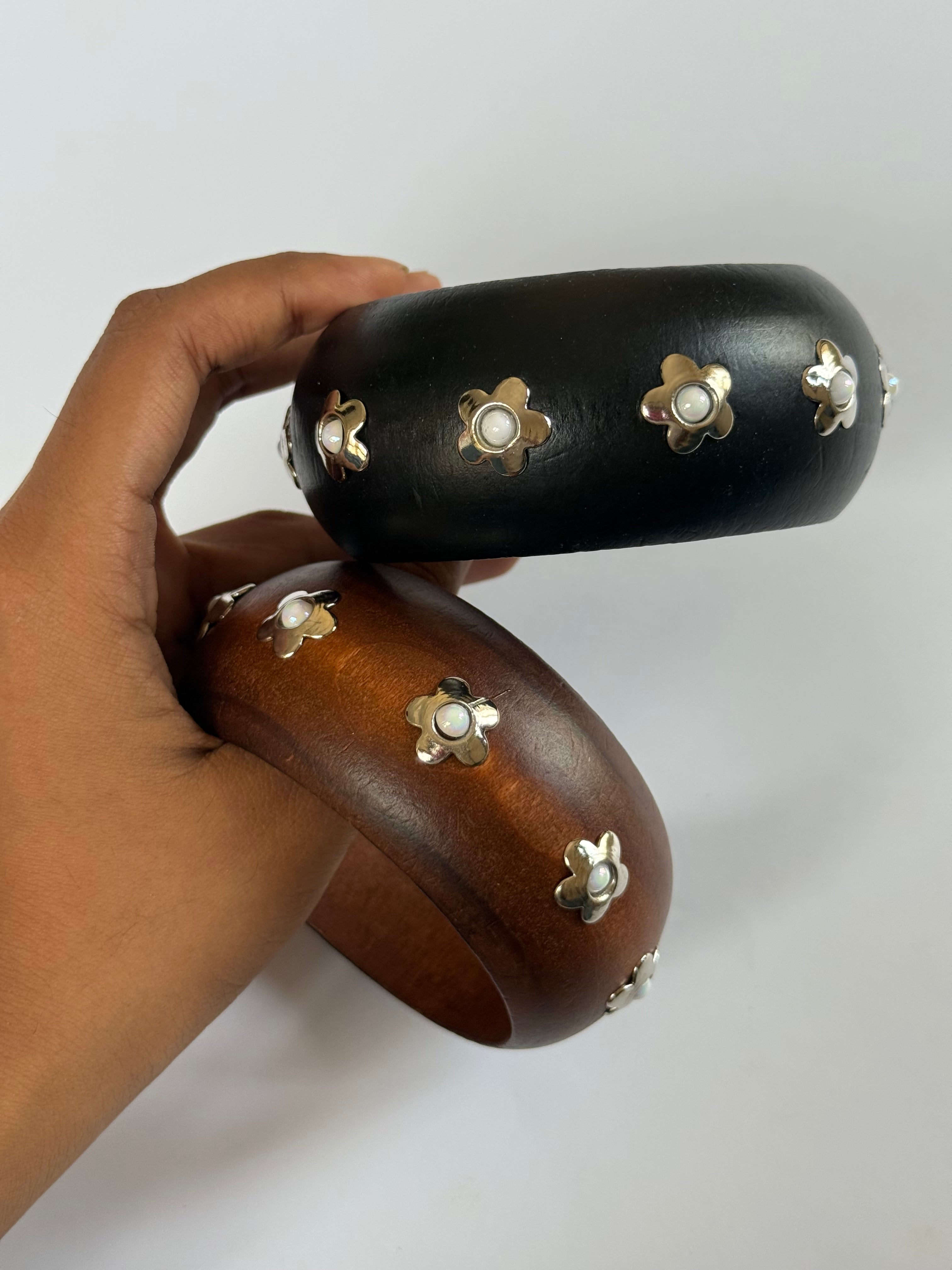 Chunky wooden Bangle with flower studs