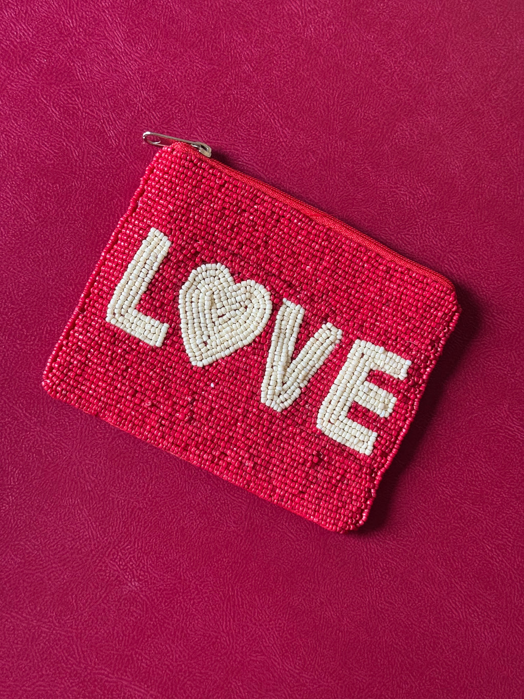 Love beaded pouch in red