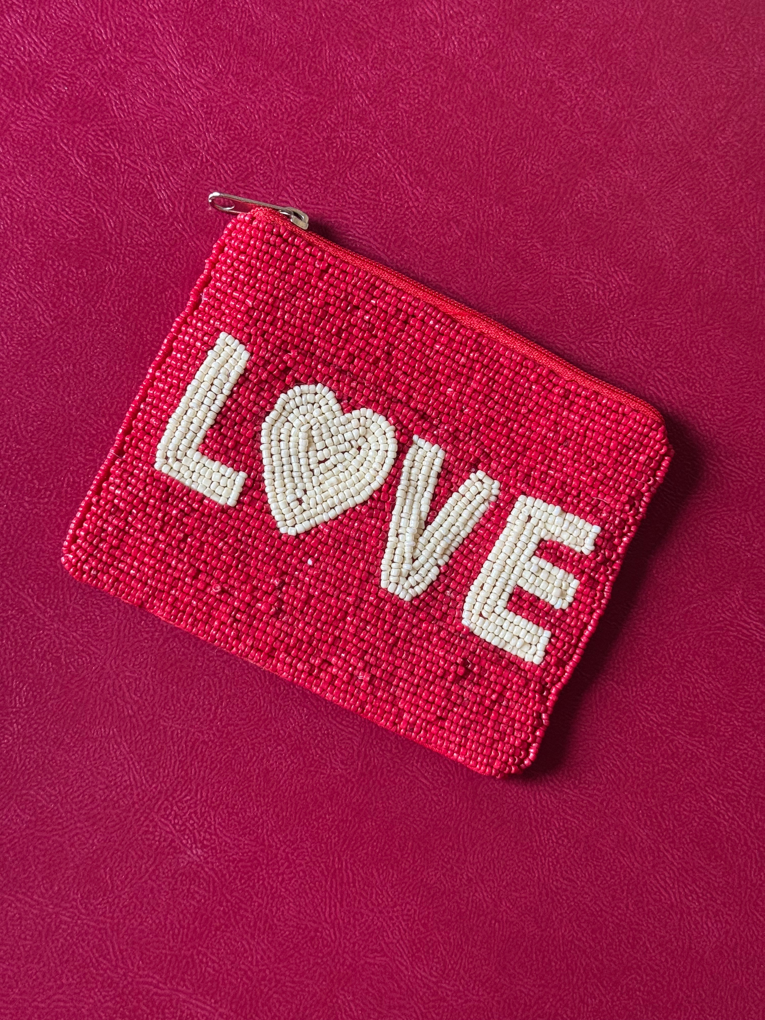 Love beaded pouch in red