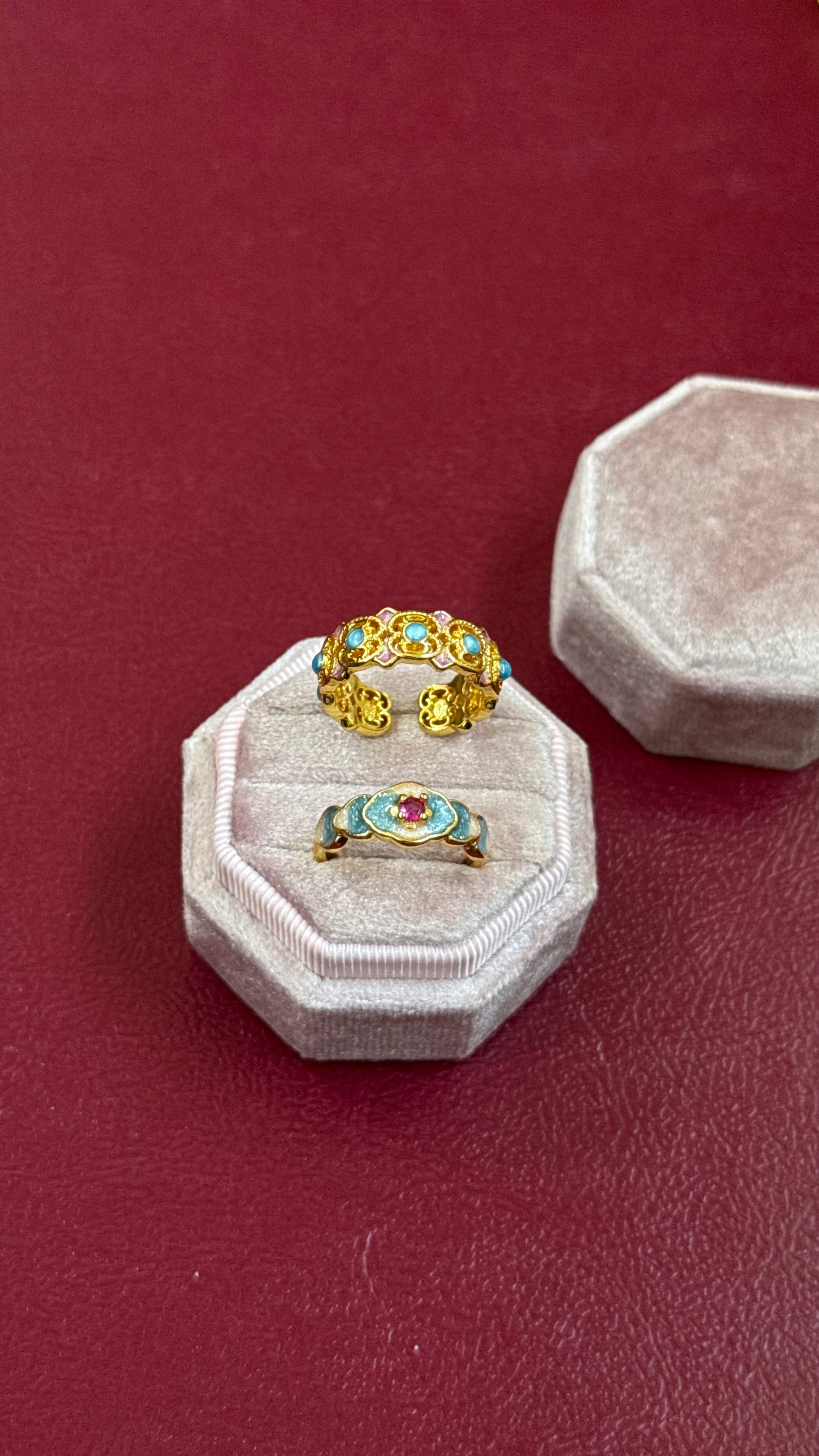 Blue pink enamel rings